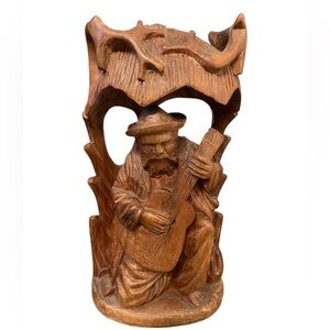 Hand-Carved Vintage Wooden Sculpture of a Man Playing a Guitar EUC
